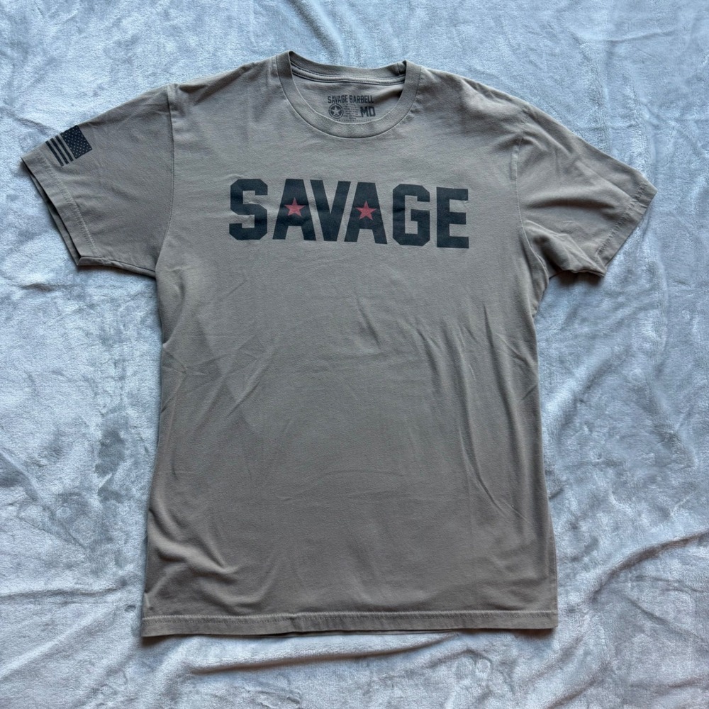 Savage Barbell T-Shirt Mens Medium Tan Killin It Graphic Tactical Gym Tee MD
